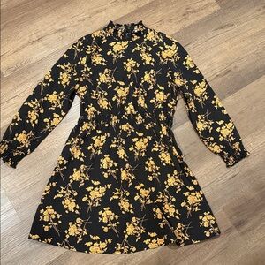 Black Floral Long-Sleeve Smocked Waist Dress
